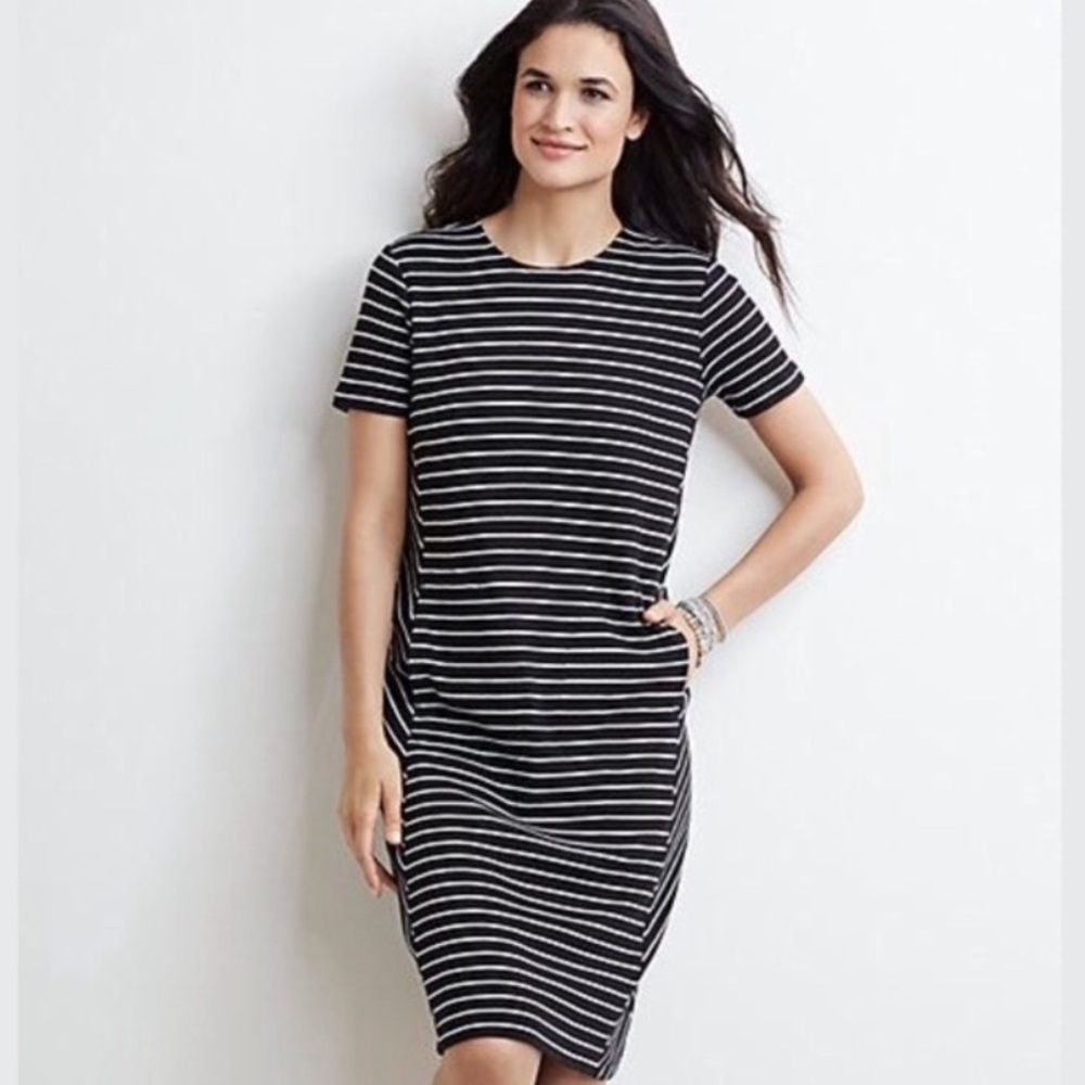 J. Jill Striped Ribbed Knit Short Sleeve Cotton Midi Dress With Side Pockets